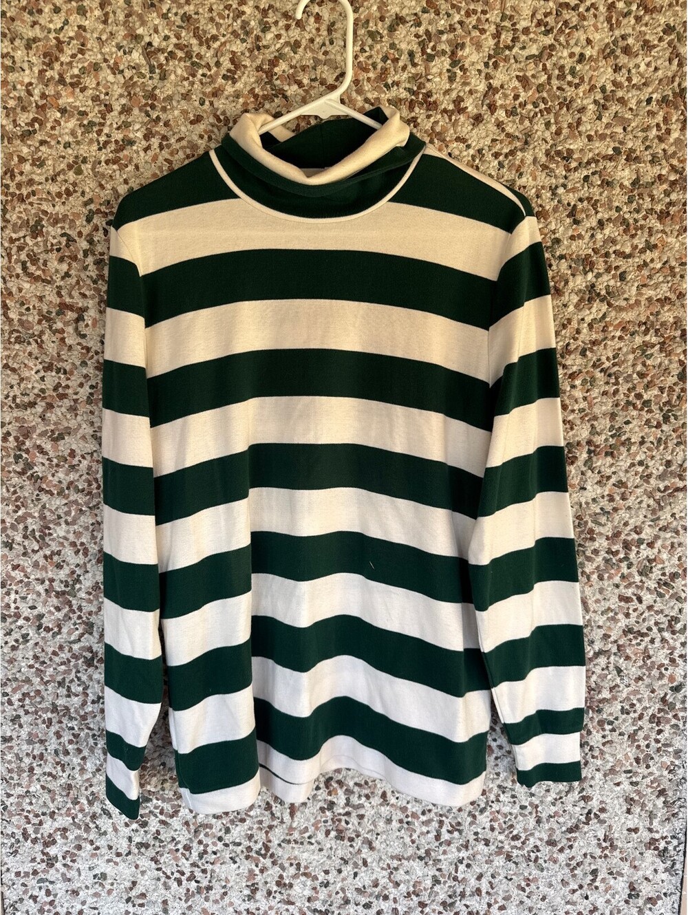 Lands End Rugby Stripe Turtleneck Womens L 14-16 Forest Green Cream 100% Cotton